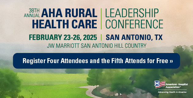 The 2025 AHA Rural Health Leadership Conference will be held Feb. 23-26 in San Antonio. Join fellow rural hospital CEOs, senior executives, clinical leaders and trustees to share strategies and resources for addressing rural health challenges and explore innovative solutions to transform care delivery and optimize business practices. Visit https://ruralconference.aha.org/?utm_source=newsletter&utm_medium=email&utm_campaign=aha-today for details.